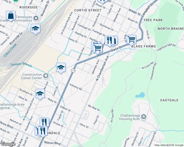 map of restaurants, bars, coffee shops, grocery stores, and more near 2200 Davenport Street in Chattanooga
