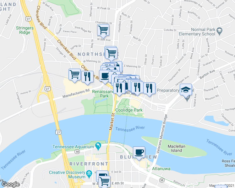 map of restaurants, bars, coffee shops, grocery stores, and more near 16 Frazier Avenue in Chattanooga