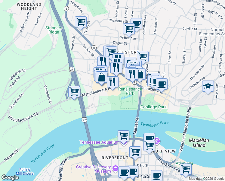 map of restaurants, bars, coffee shops, grocery stores, and more near 200 Manufacturers Road in Chattanooga