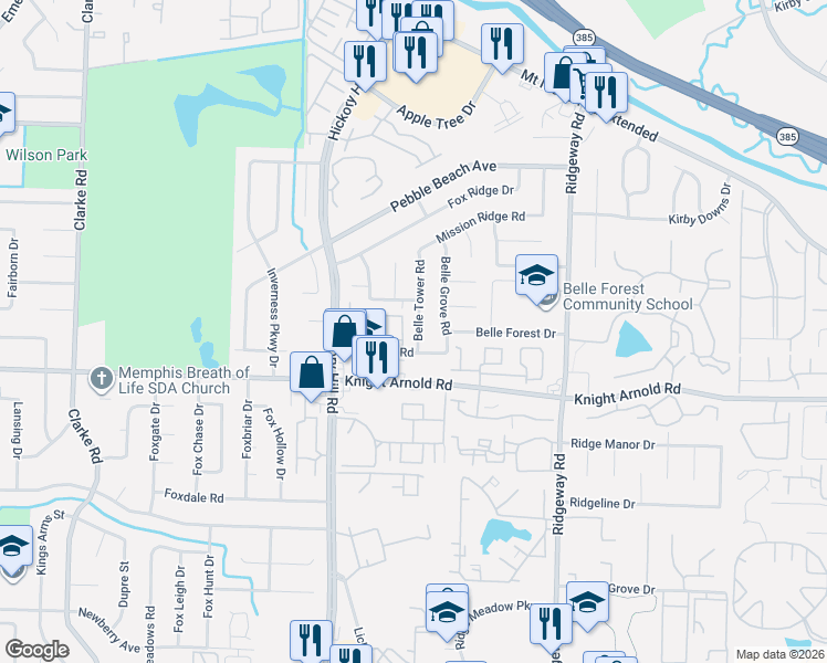 map of restaurants, bars, coffee shops, grocery stores, and more near 5983 Ponderosa Pine Trail in Memphis