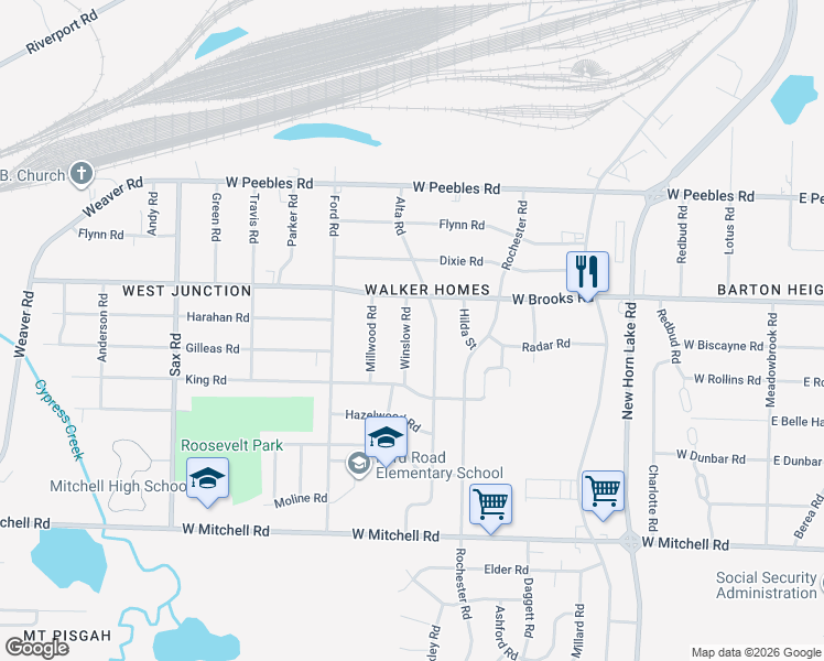 map of restaurants, bars, coffee shops, grocery stores, and more near 3157 Winslow Road in Memphis