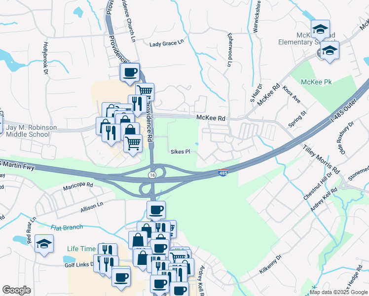 map of restaurants, bars, coffee shops, grocery stores, and more near 10710 Sikes Place in Charlotte