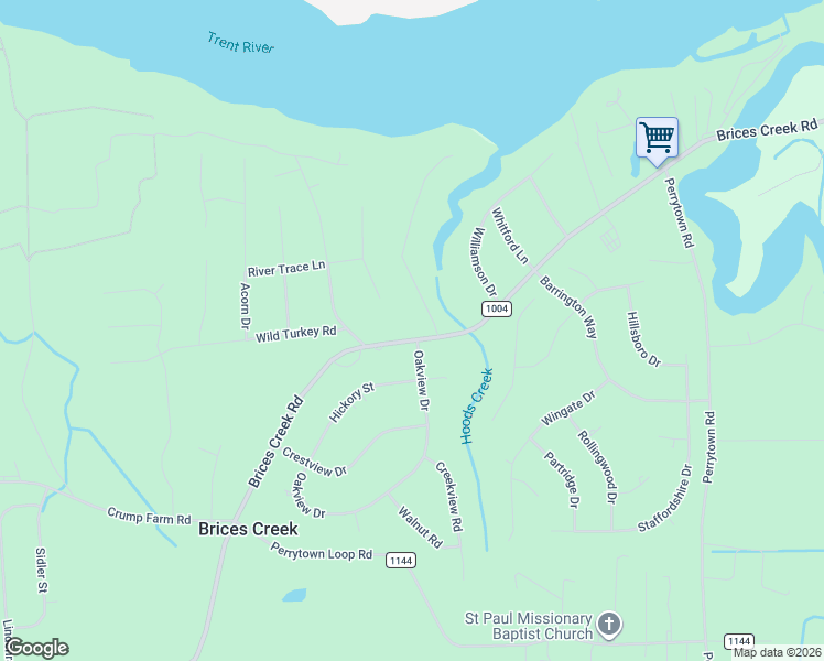 map of restaurants, bars, coffee shops, grocery stores, and more near 2300 Brices Creek Road in New Bern
