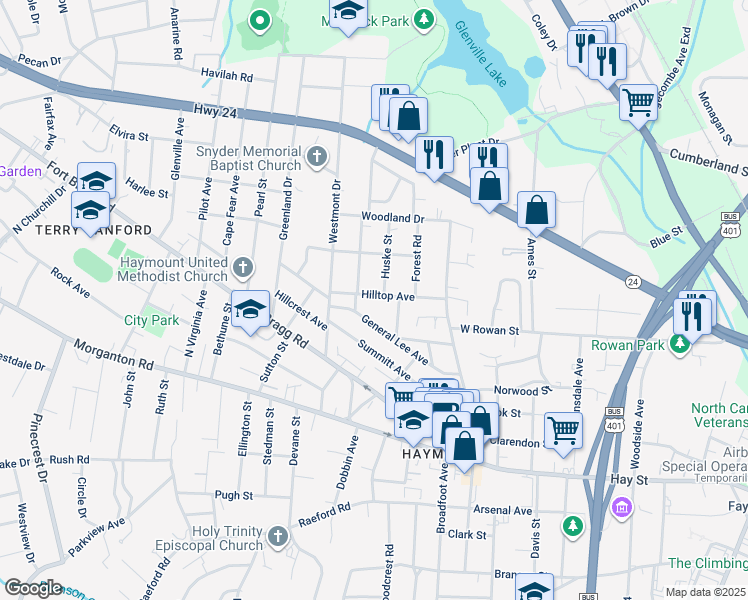 map of restaurants, bars, coffee shops, grocery stores, and more near 1321 Hilltop Avenue in Fayetteville
