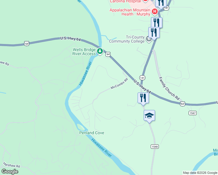 map of restaurants, bars, coffee shops, grocery stores, and more near 286 McCombs Rd in Murphy