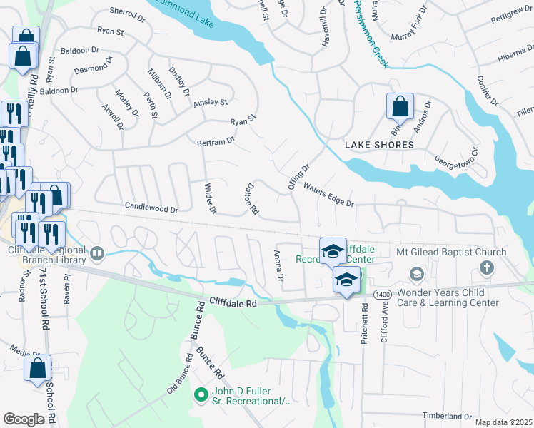 map of restaurants, bars, coffee shops, grocery stores, and more near 6015 Dalton Road in Fayetteville