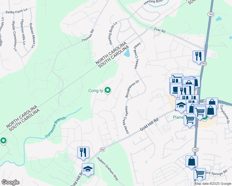 map of restaurants, bars, coffee shops, grocery stores, and more near 1314 Crown Ridge Drive in Fort Mill