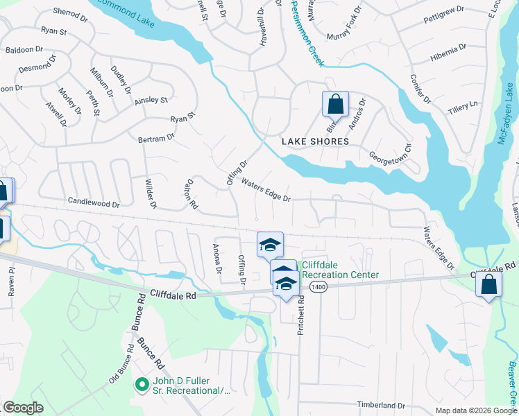 map of restaurants, bars, coffee shops, grocery stores, and more near 410 Watergap Drive in Fayetteville