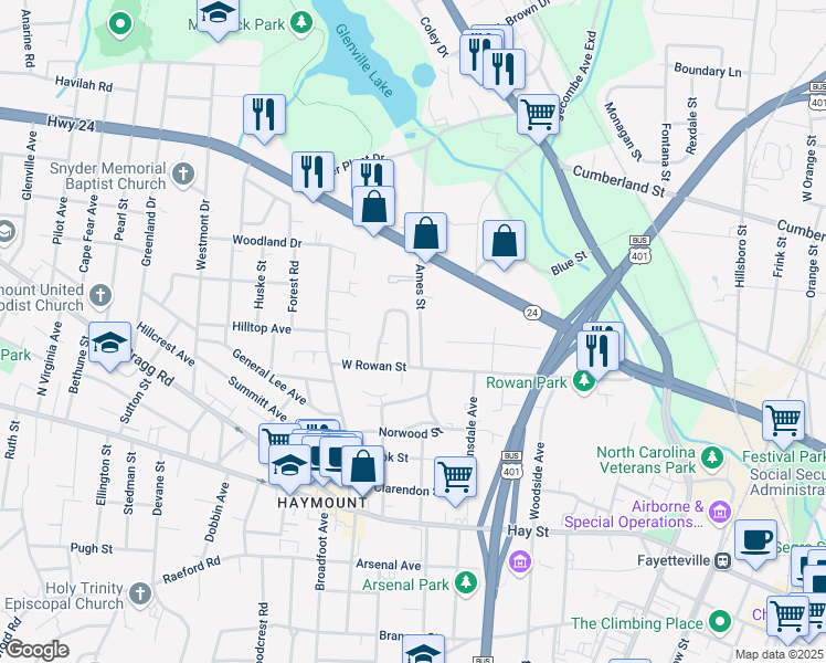 map of restaurants, bars, coffee shops, grocery stores, and more near 439 Rollingwood Circle in Fayetteville