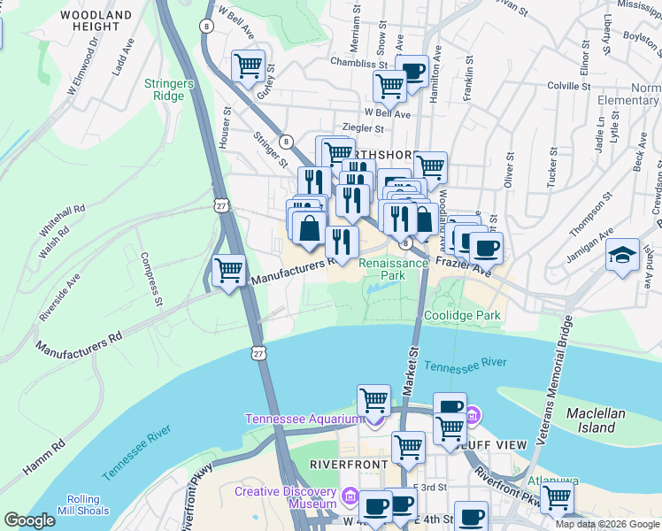 map of restaurants, bars, coffee shops, grocery stores, and more near 200 Manufacturers Road in Chattanooga