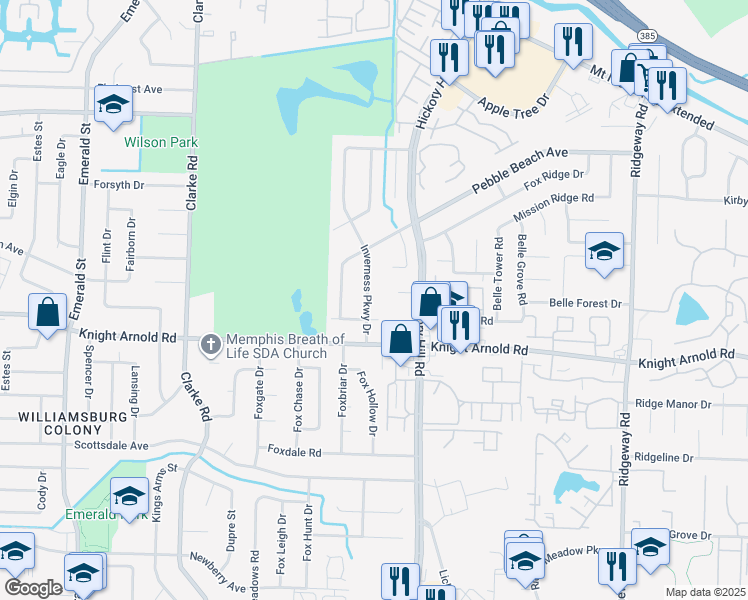 map of restaurants, bars, coffee shops, grocery stores, and more near 3156 Inverness Parkway Drive in Memphis