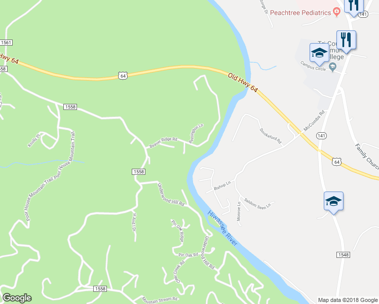 map of restaurants, bars, coffee shops, grocery stores, and more near 25 Tree Top Terrace in Murphy