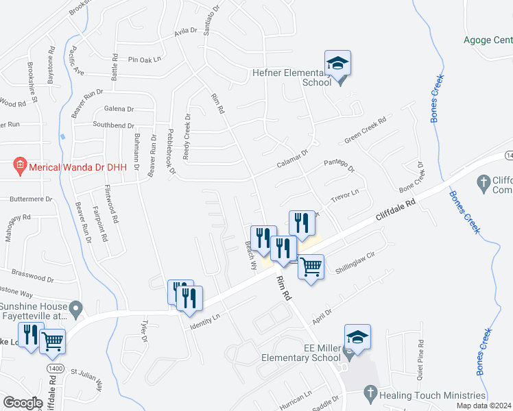 map of restaurants, bars, coffee shops, grocery stores, and more near 7200 Spring Water Court in Fayetteville