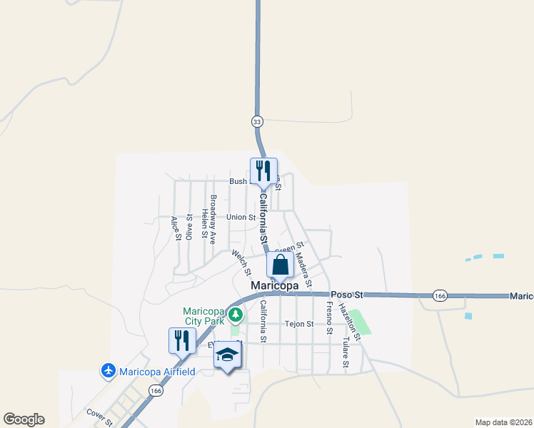 map of restaurants, bars, coffee shops, grocery stores, and more near 400 California Street in Maricopa