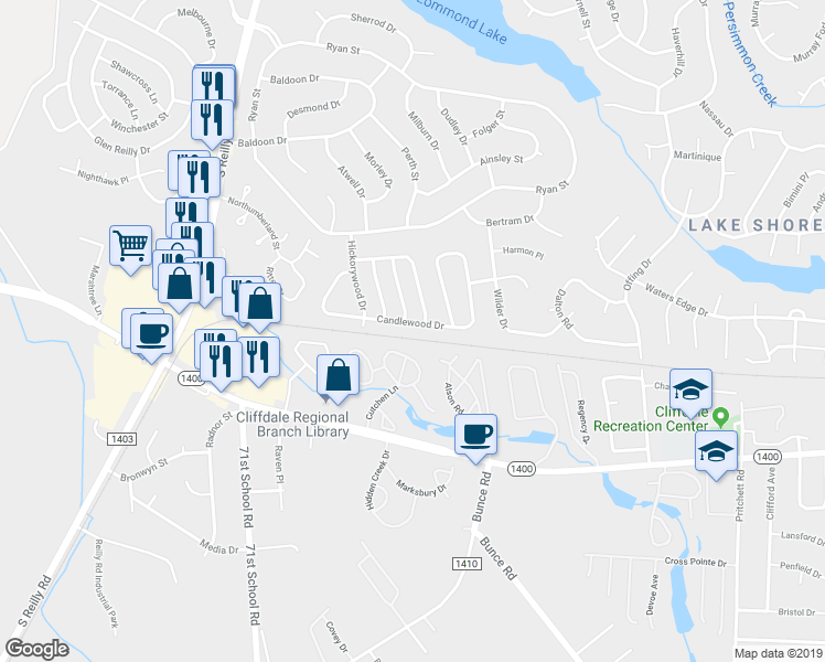 map of restaurants, bars, coffee shops, grocery stores, and more near 6957 Candlewood Drive in Fayetteville