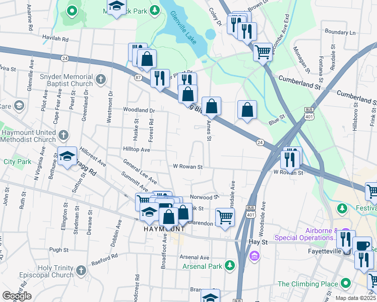map of restaurants, bars, coffee shops, grocery stores, and more near 413 Rollingwood Circle in Fayetteville