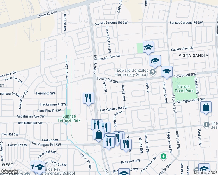 map of restaurants, bars, coffee shops, grocery stores, and more near 611 Avanti Street Southwest in Albuquerque