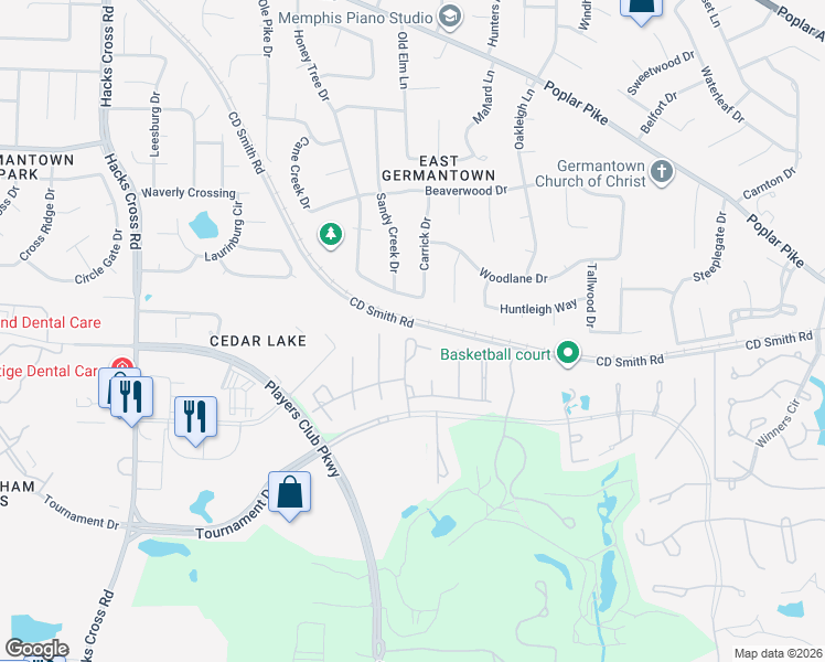 map of restaurants, bars, coffee shops, grocery stores, and more near 3185 Cheval Drive in Memphis