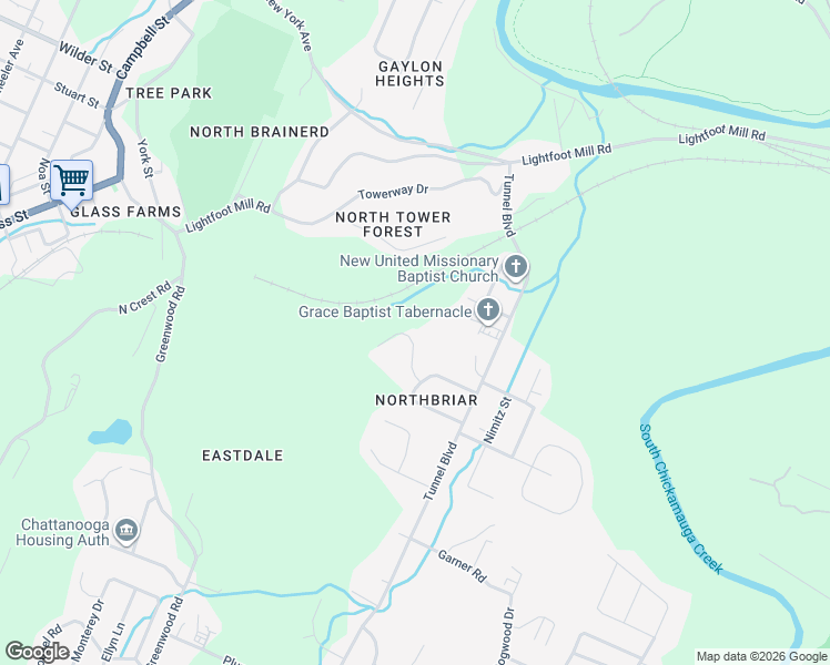 map of restaurants, bars, coffee shops, grocery stores, and more near 2313 NorthBrier Lane in Chattanooga