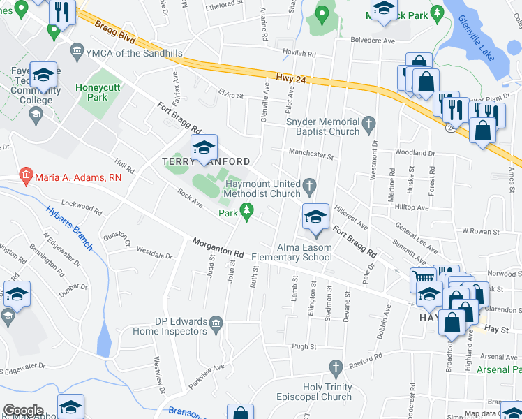map of restaurants, bars, coffee shops, grocery stores, and more near 104 Brett Court in Fayetteville