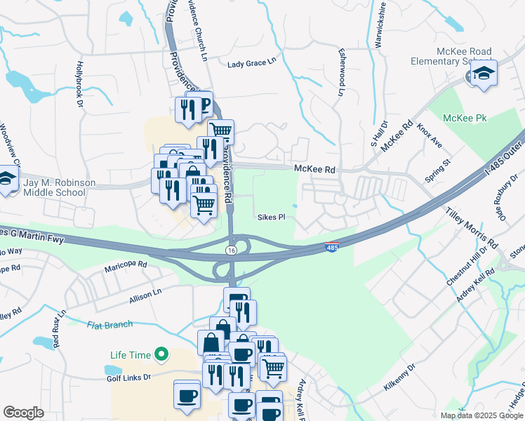 map of restaurants, bars, coffee shops, grocery stores, and more near 10720 Sikes Place in Charlotte