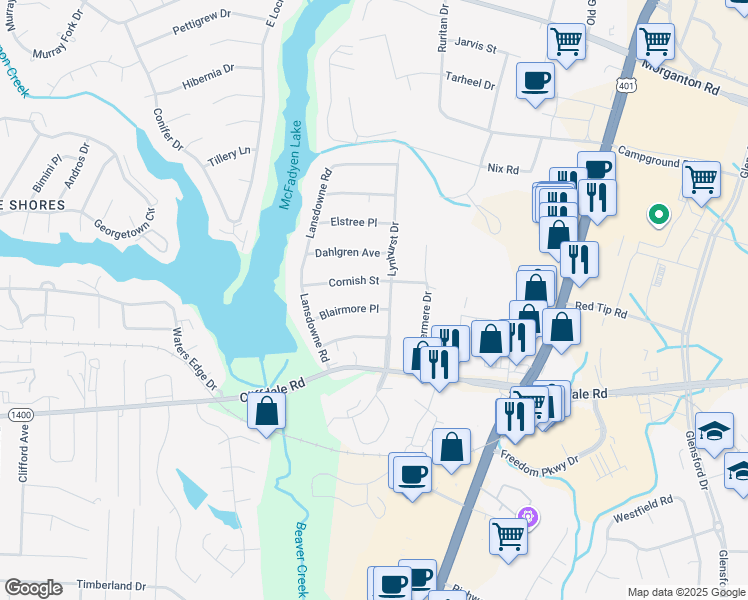 map of restaurants, bars, coffee shops, grocery stores, and more near 6006 Blairmore Place in Fayetteville
