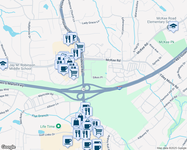 map of restaurants, bars, coffee shops, grocery stores, and more near 10720 Sikes Place in Charlotte