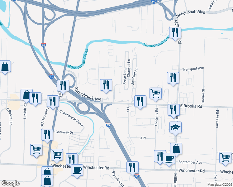 map of restaurants, bars, coffee shops, grocery stores, and more near 1450 East Brooks Road in Memphis