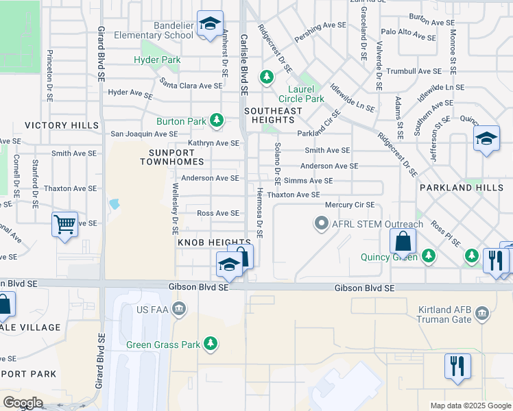 map of restaurants, bars, coffee shops, grocery stores, and more near 1209 Hermosa Drive Southeast in Albuquerque