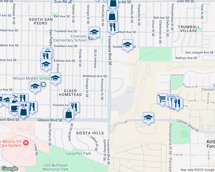 map of restaurants, bars, coffee shops, grocery stores, and more near 933 Louisiana Boulevard Southeast in Albuquerque