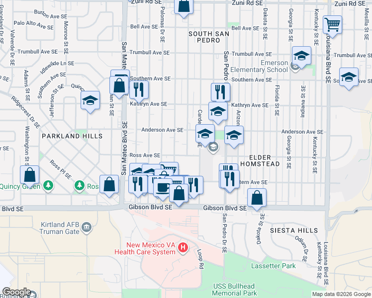 map of restaurants, bars, coffee shops, grocery stores, and more near 1025 Valencia Drive Southeast in Albuquerque