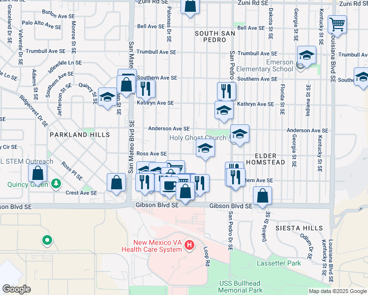 map of restaurants, bars, coffee shops, grocery stores, and more near 1025 Valencia Drive Southeast in Albuquerque