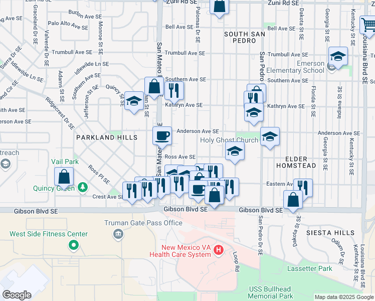 map of restaurants, bars, coffee shops, grocery stores, and more near 1130 Madeira Drive Southeast in Albuquerque