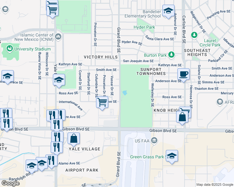 map of restaurants, bars, coffee shops, grocery stores, and more near 1716 Vassar Drive Southeast in Albuquerque