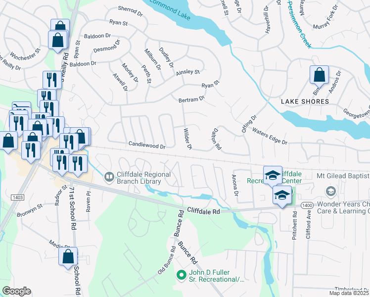 map of restaurants, bars, coffee shops, grocery stores, and more near 449 Wilder Drive in Fayetteville
