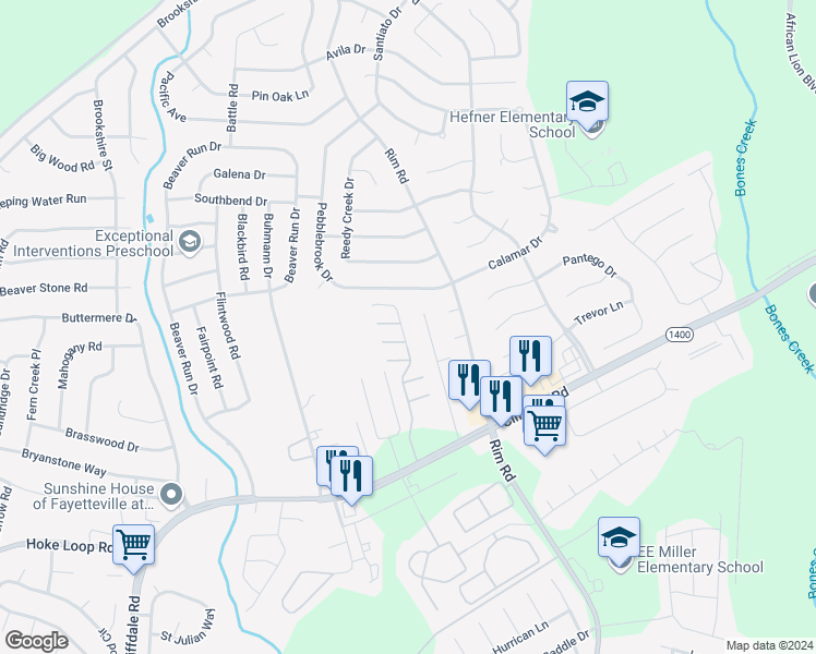 map of restaurants, bars, coffee shops, grocery stores, and more near 5107 Druid Cross Road in Fayetteville