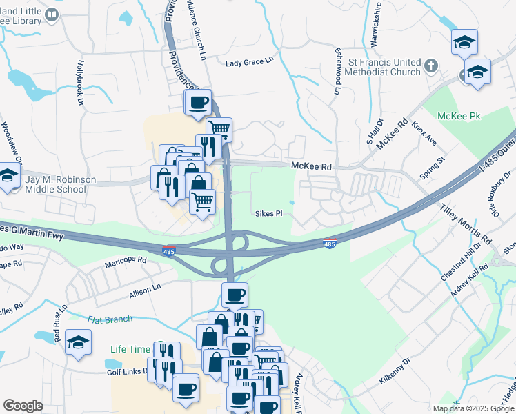 map of restaurants, bars, coffee shops, grocery stores, and more near 10710 Sikes Place in Charlotte