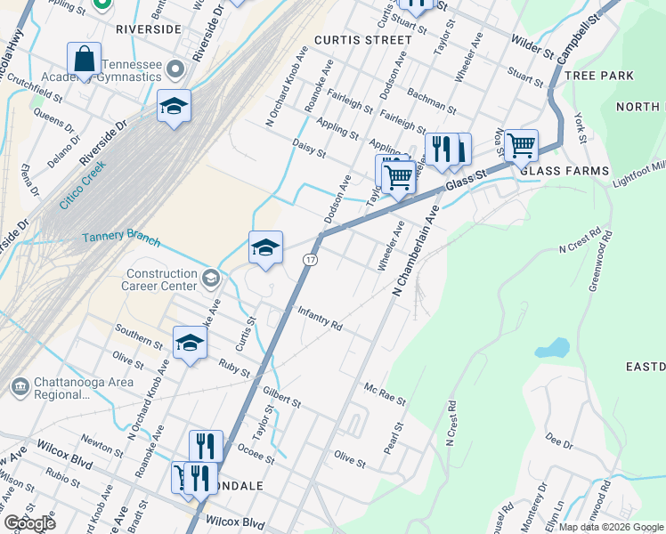 map of restaurants, bars, coffee shops, grocery stores, and more near 2106 Taylor Street in Chattanooga