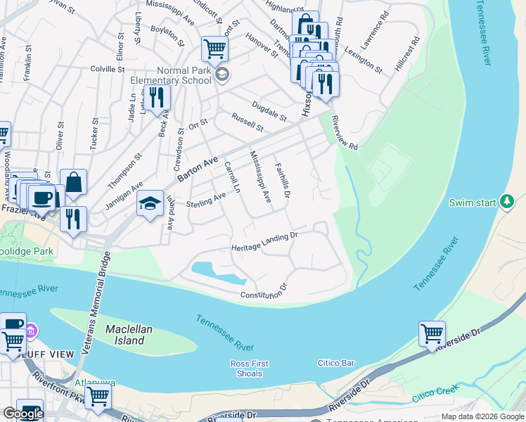 map of restaurants, bars, coffee shops, grocery stores, and more near 1709 Carroll Lane in Chattanooga