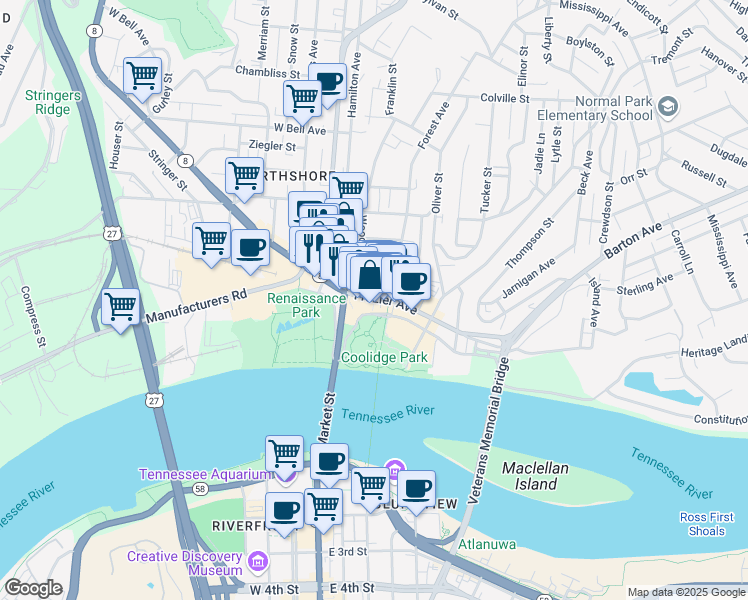map of restaurants, bars, coffee shops, grocery stores, and more near 16 Frazier Avenue in Chattanooga