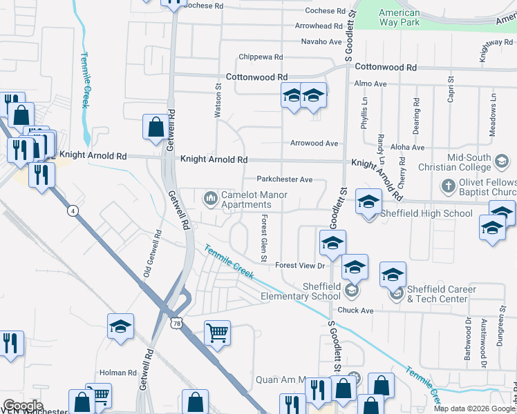 map of restaurants, bars, coffee shops, grocery stores, and more near 4106 Camelot Avenue in Memphis