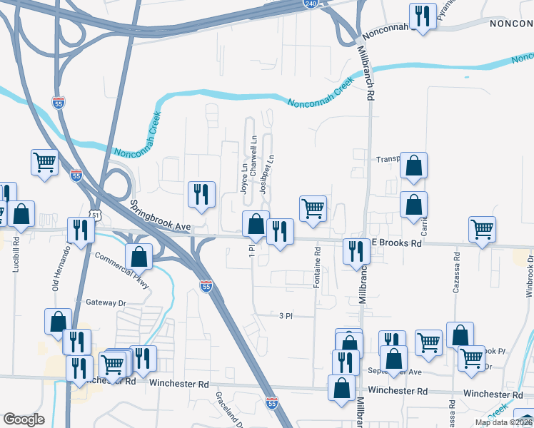 map of restaurants, bars, coffee shops, grocery stores, and more near 3159 Brenmarda Lane in Memphis