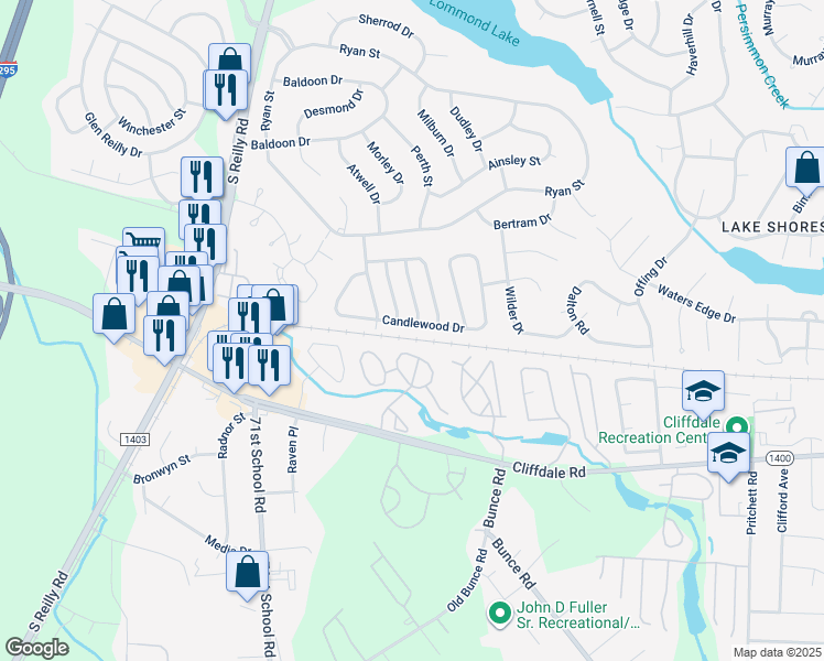 map of restaurants, bars, coffee shops, grocery stores, and more near 6969 Candlewood Drive in Fayetteville