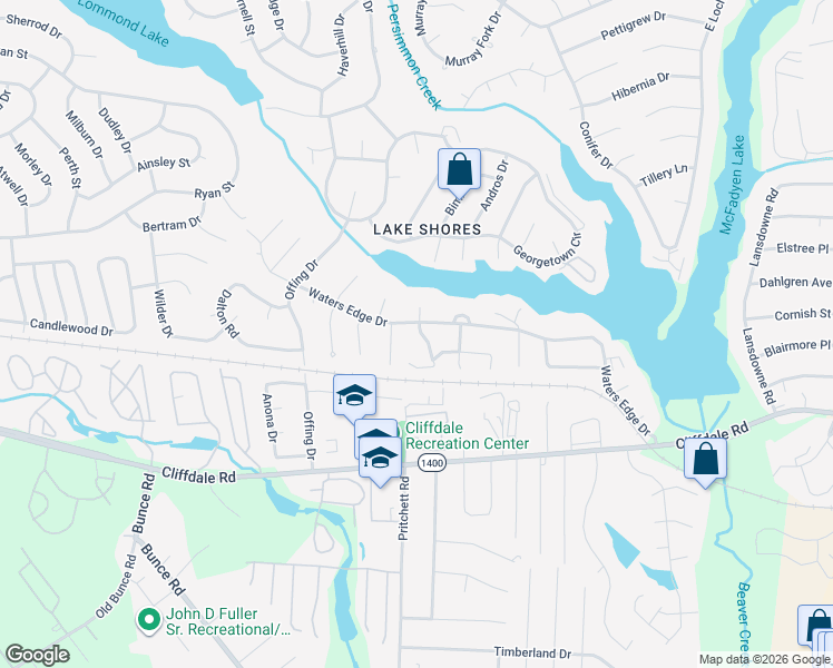 map of restaurants, bars, coffee shops, grocery stores, and more near 5837 Waters Edge Drive in Fayetteville