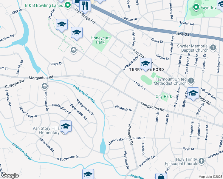 map of restaurants, bars, coffee shops, grocery stores, and more near 2323 Morganton Road in Fayetteville