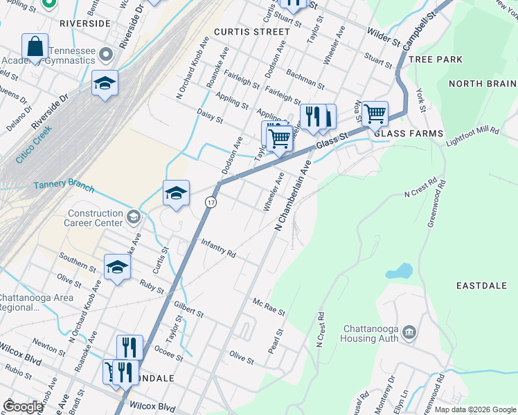 map of restaurants, bars, coffee shops, grocery stores, and more near 2200 Davenport St in Chattanooga