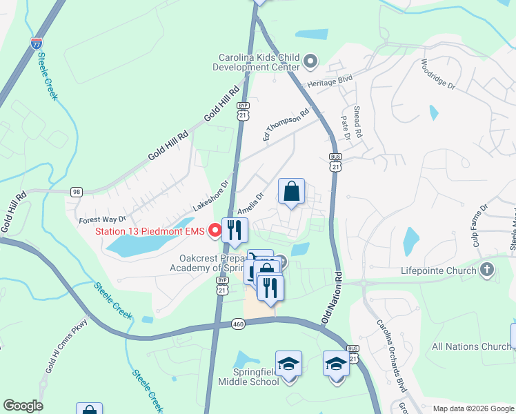map of restaurants, bars, coffee shops, grocery stores, and more near 251 Amelia Drive in Fort Mill