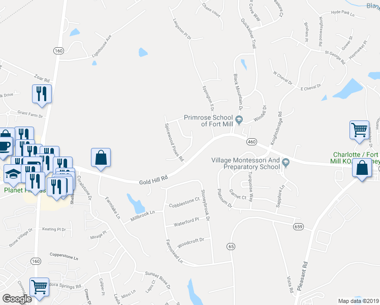 map of restaurants, bars, coffee shops, grocery stores, and more near 216 Sycamore Creek Road in Fort Mill