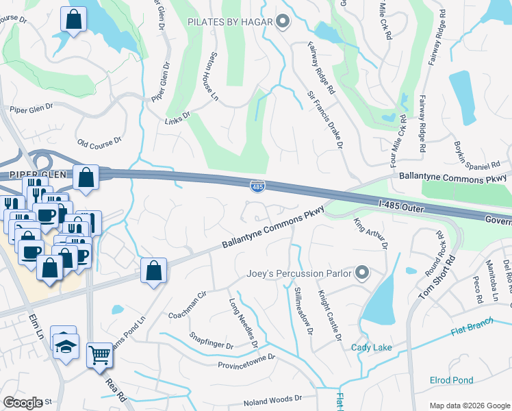 map of restaurants, bars, coffee shops, grocery stores, and more near 10520 Pullengreen Drive in Charlotte