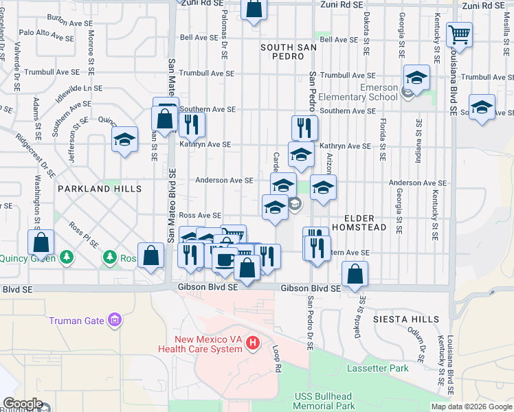 map of restaurants, bars, coffee shops, grocery stores, and more near 1025 Valencia Drive Southeast in Albuquerque